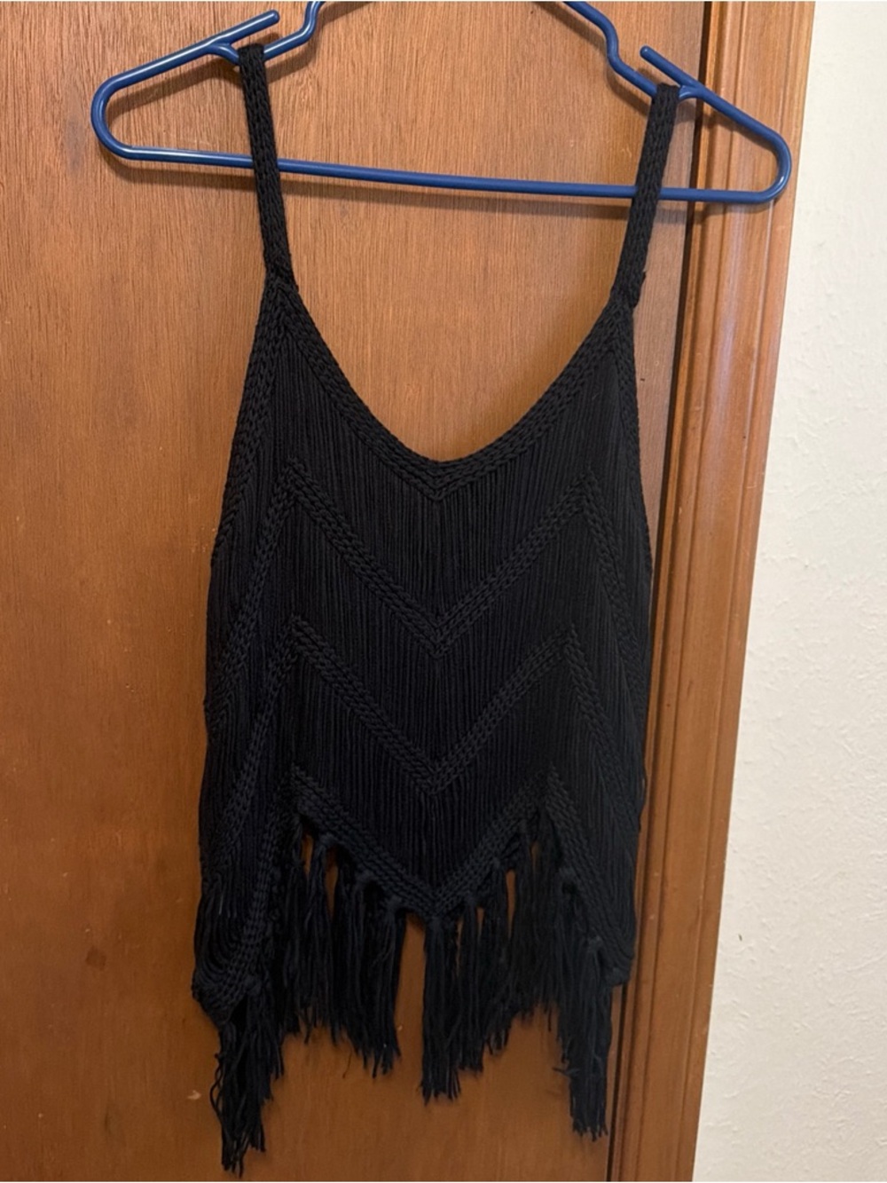 Black Fringe Crochet Top XL